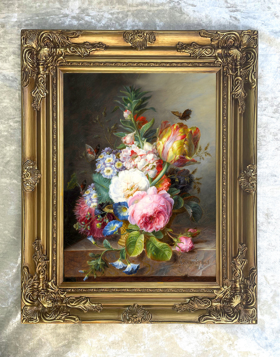 Fine Large Still Life Oleograph on Canvas - Tulips & Roses on a Marble Ledge