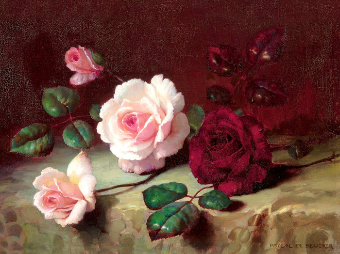 Beautiful Still Life Oleograph on Canvas Still Life of Roses on a Marble Ledge