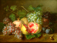 Beautiful Still Life Oleograph on Canvas Still Life of Pomegranates, Grapes & Plumbs