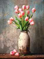 Fine Still Life Oleograph on Stretched Canvas -  Tulips in a Clay Vase