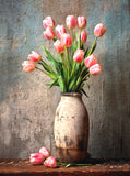 Fine Still Life Oleograph on Stretched Canvas -  Tulips in a Clay Vase