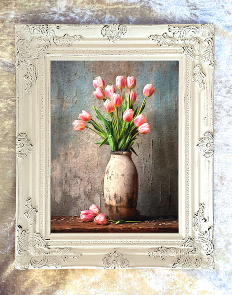 Fine Still Life Oleograph on Stretched Canvas -  Tulips in a Clay Vase