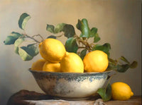 Exquisite Oleograph on Canvas Still Life of Lemons in a Blue & White Porcelain Bowl