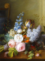 Exquisite Large Still Life Oleograph on Canvas - Assorted Flowers on a Marble Ledge