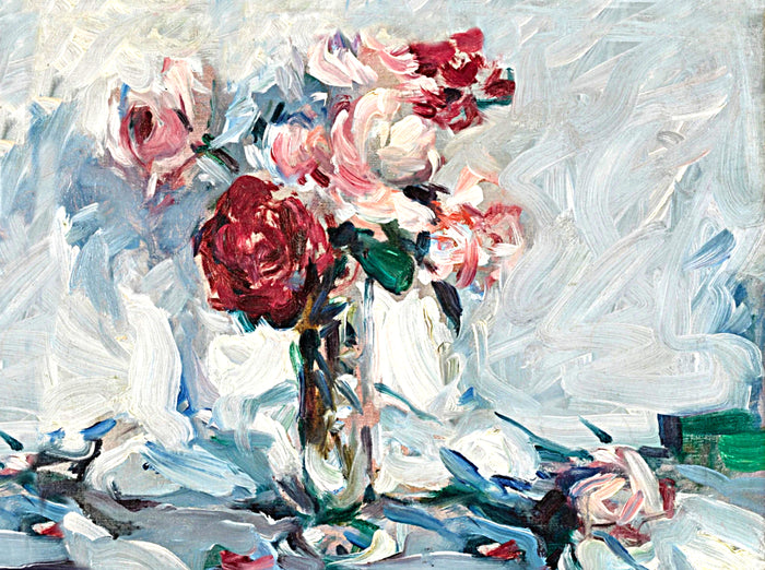Beautiful Oleograph on Canvas Still Life of Pink & Red Roses in a Vase