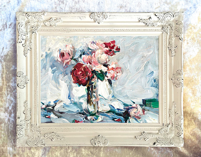Beautiful Oleograph on Canvas Still Life of Pink & Red Roses in a Vase