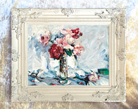 Beautiful Oleograph on Canvas Still Life of Pink & Red Roses in a Vase