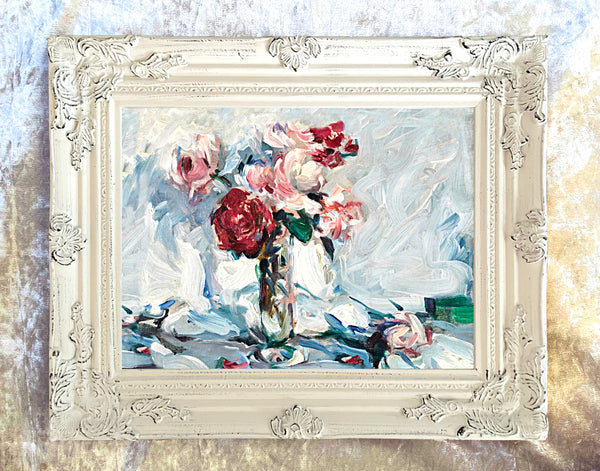 Beautiful Oleograph on Canvas Still Life of Pink & Red Roses in a Vase