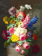 Exquisite Large Still Life Oleograph on Canvas - Assorted Flowers on a Stone Plinth