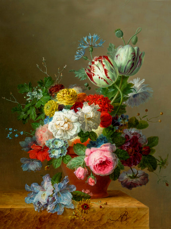 Exquisite Dutch Still Life Oleograph on Canvas - Assorted Flowers in a Terracotta Pot