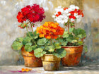 Exquisite Still Life Oleograph on Canvas - Assorted Flowers in Terracotta Pots