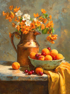 Fine Oleograph on Canvas Still Life of Flowers & Fruit on a Marble Shelf
