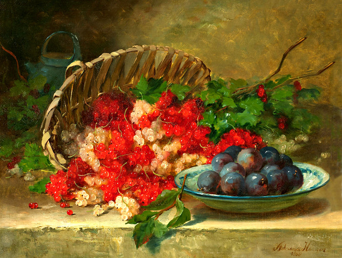 Beautiful Still Life Oleograph on Canvas Still Life with Currants & Plums
