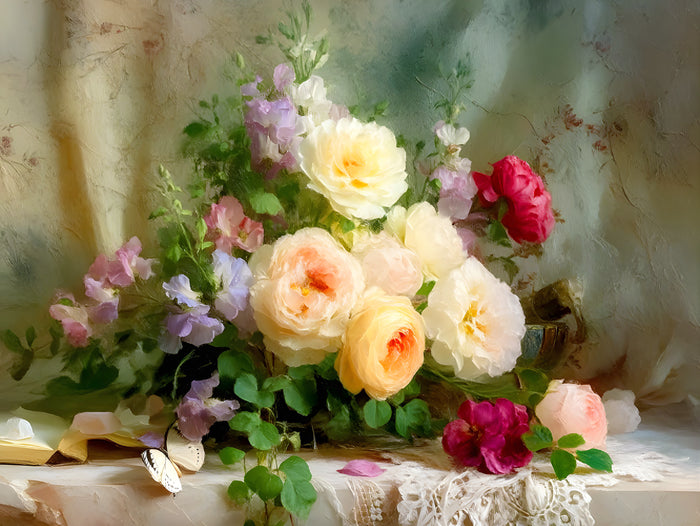 Fine Oleograph on Canvas - Still life of a Bouquet of Flowers on a Marble Ledge