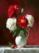 Fine Oleograph on Canvas Still Life of Red & White Flowers in a Jug