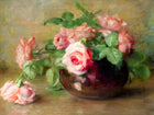 Fine Lithograph on Canvas - Pink & White Roses in a Bowl