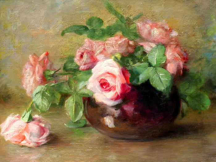 Fine Lithograph on Canvas - Pink & White Roses in a Bowl