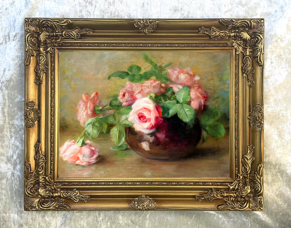 Fine Lithograph on Canvas - Pink & White Roses in a Bowl