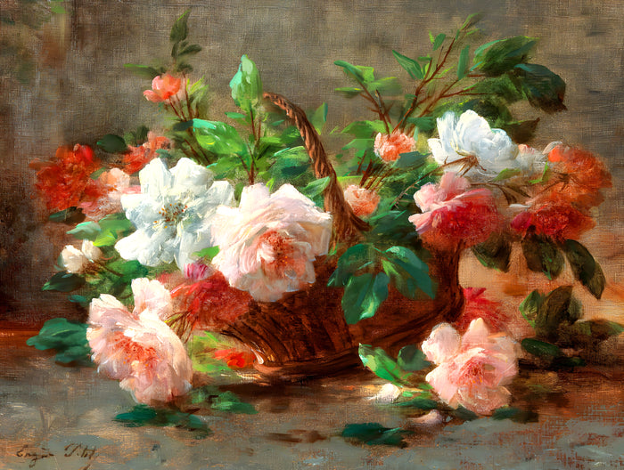 Exquisite Oleograph on Canvas Still Life of Pink Roses in a Basket