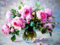 Stunning Still Life Oleograph on Canvas Still Life of Pink Roses in a  Glass Vase