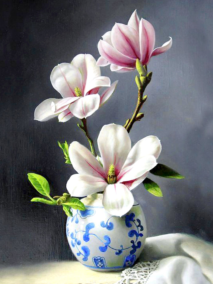 Stunning Still Life Oleograph on Canvas Still Life of  Magnolias in a  Blue & White Vase