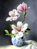 Stunning Still Life Oleograph on Canvas Still Life of  Magnolias in a  Blue & White Vase