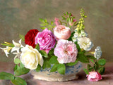 Still Life Oleograph on Canvas Still Life of Flowers in a  Blue & White Vase