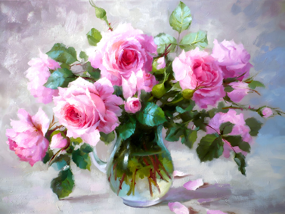 Fine Oleograph on Canvas - Still Life - Pink Roses in a Glass Vase ...