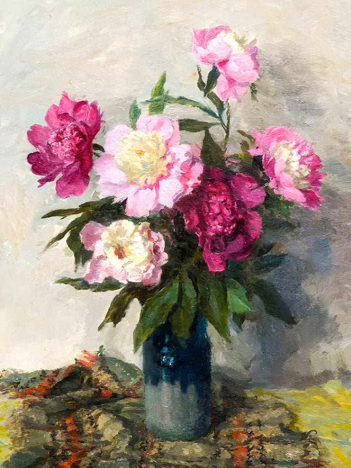 Stunning Still Life Oleograph on Canvas Still Life of Pink & Red Roses