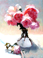 Beautiful Oleograph on Canvas Still Life of Pink Roses in a  Glass Vase