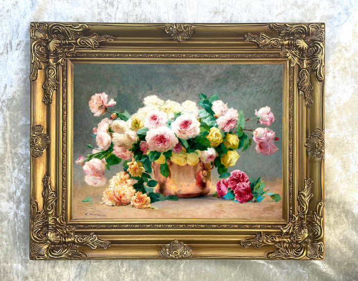 Exquisite Oleograph on Canvas - A Bouquet of Flowers in a Copper Bowl