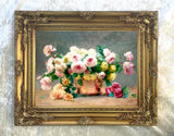 Exquisite Oleograph on Canvas - A Bouquet of Flowers in a Copper Bowl