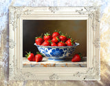 Fine Still Life Oleograph on Canvas  of Strawberries in an Antique Chinese Blue & White  Bowl