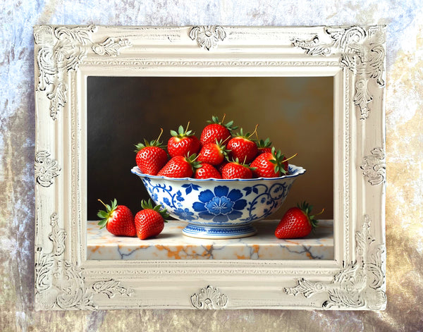 Fine Still Life Oleograph on Canvas  of Strawberries in an Antique Chinese Blue & White  Bowl