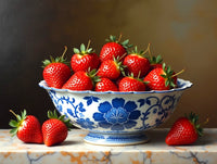 Fine Still Life Oleograph on Canvas  of Strawberries in an Antique Chinese Blue & White  Bowl