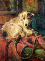 Fine Gilt Framed Oleograph of a Resting Wire Haired Jack Russell