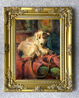 Fine Gilt Framed Oleograph of a Resting Wire Haired Jack Russell