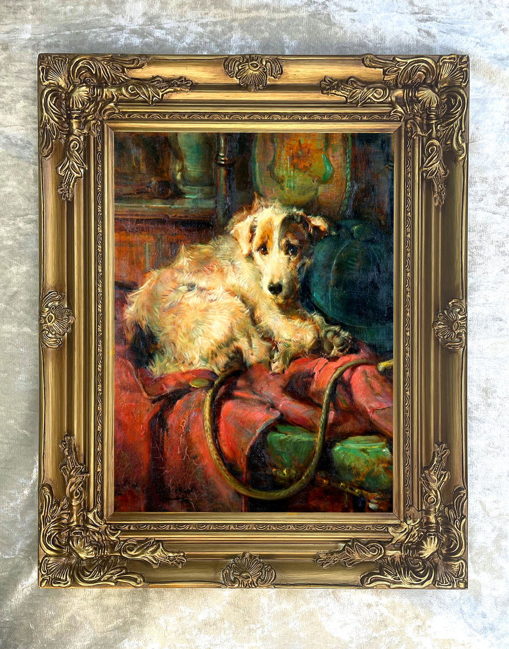 Fine Gilt Framed Oleograph of a Resting Wire Haired Jack Russell