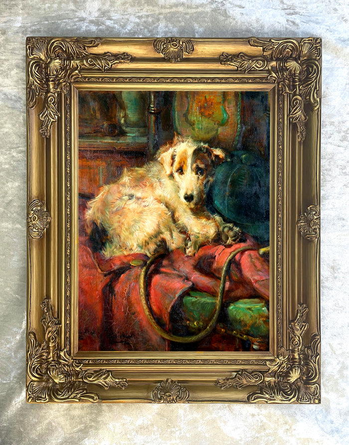 Fine Gilt Framed Oleograph of a Resting Wire Haired Jack Russell