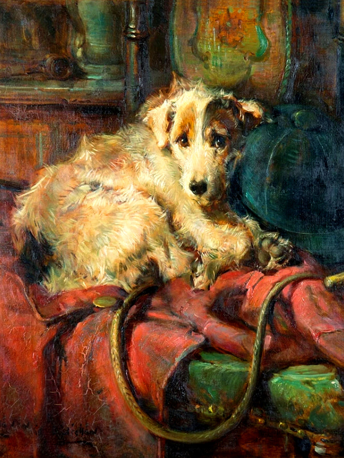 Fine Gilt Framed Oleograph of a Resting Wire Haired Jack Russell