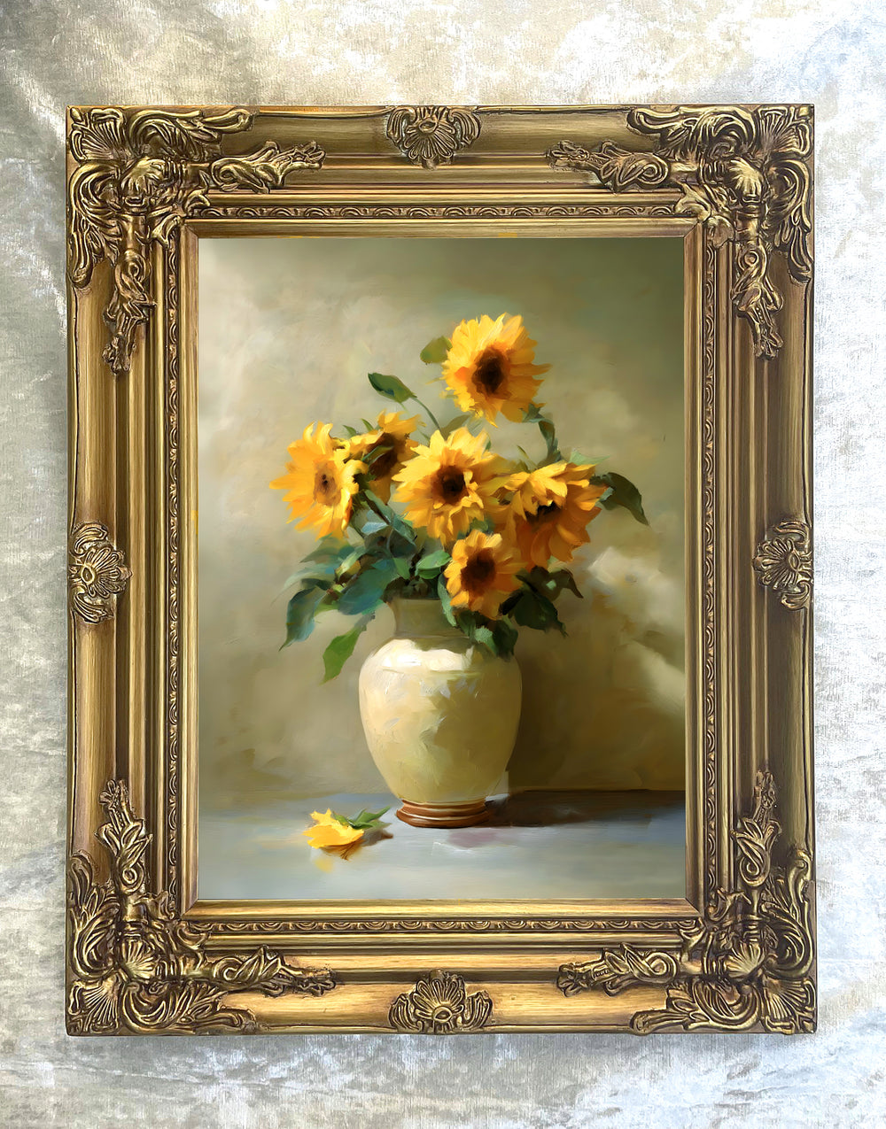 Fine Still Life Oleograph on Canvas Still Life of Sunflowers in a Vase