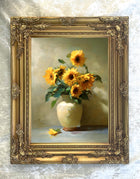Fine Still Life Oleograph on Canvas Still Life of Sunflowers in a Vase