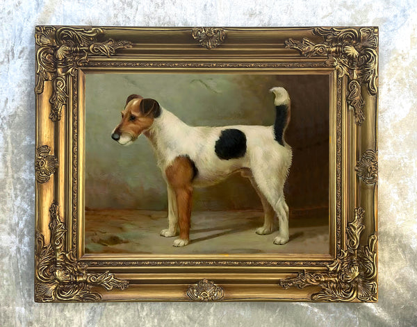 Beautiful Oleograph on Canvas - Tan & White Jack Russell Terrier in a Stable