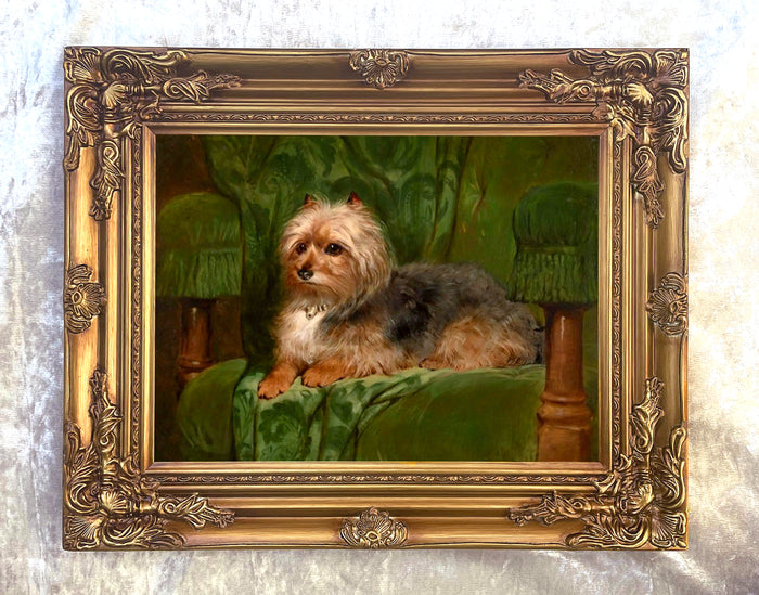 Ornate Framed Oleograph on Canvas - Terrier on a Green Velvet Cushion