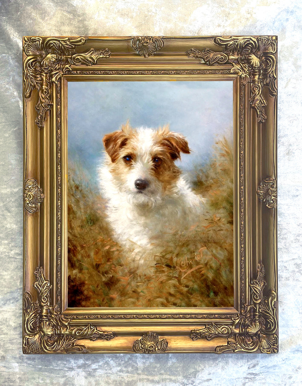 Gilt Framed Oleograph of a Rough Coat Jack Russell "Alerted"
