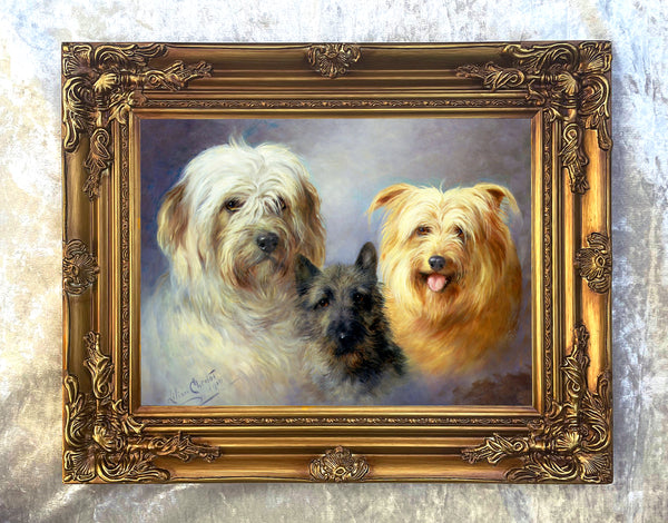 Gilt Framed Oleograph of a Group of 3 Terriers