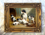 Gilt Framed Oleograph of Terriers in a Stable