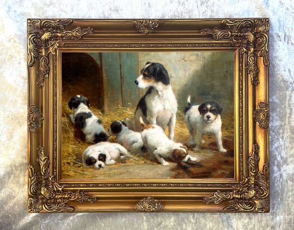 Gilt Framed Oleograph of Terriers in a Stable