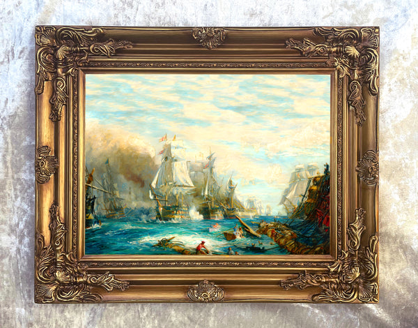 Gilt Framed Oleograph of the Battle of Trafalgar aft. William Wyllie
