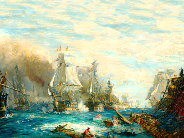 Gilt Framed Oleograph of the Battle of Trafalgar aft. William Wyllie
